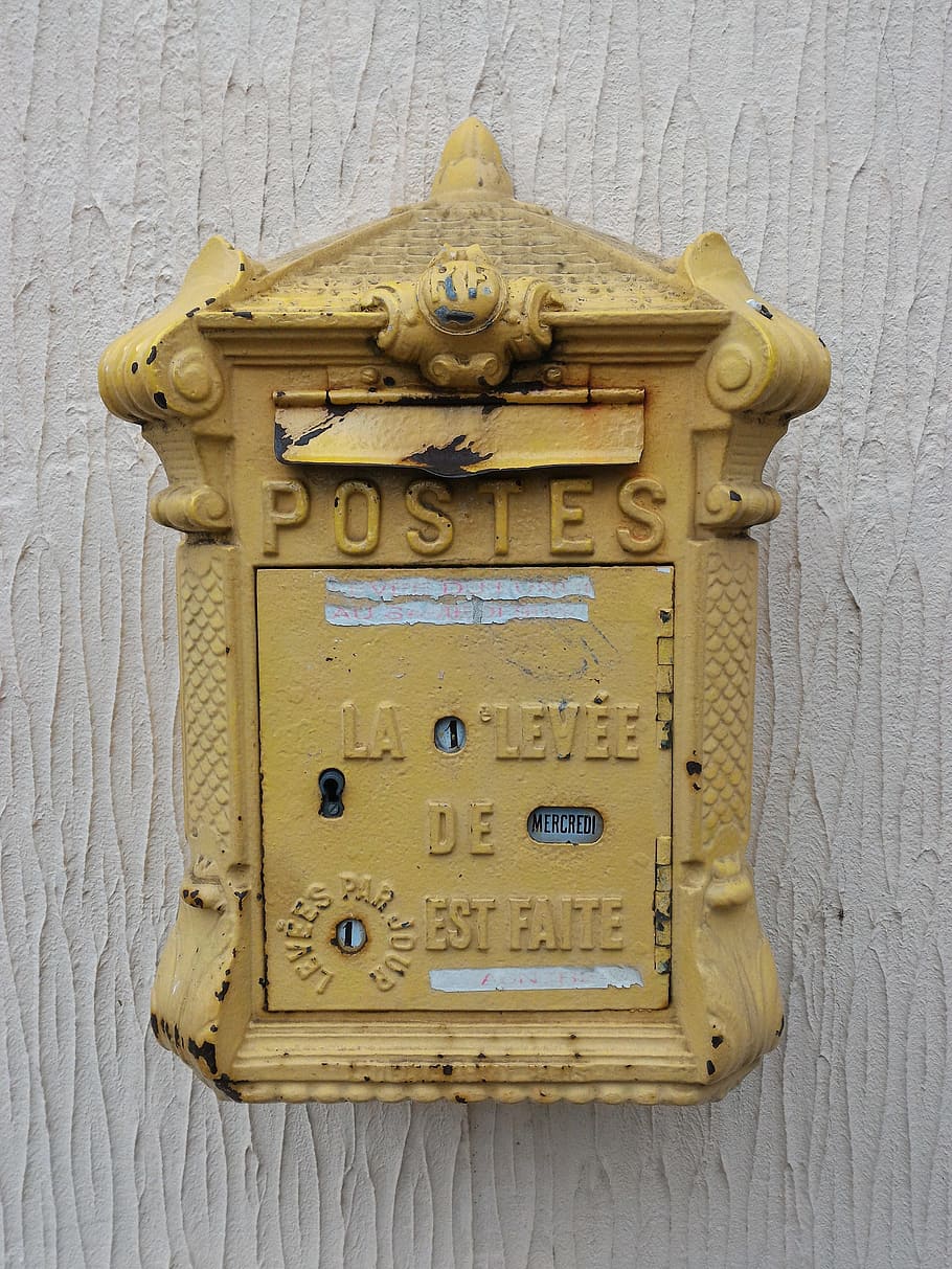 Courier, Post, Mailbox, courier, post, old-fashioned, antique, retro styled, correspondence, yellow, wall - building feature