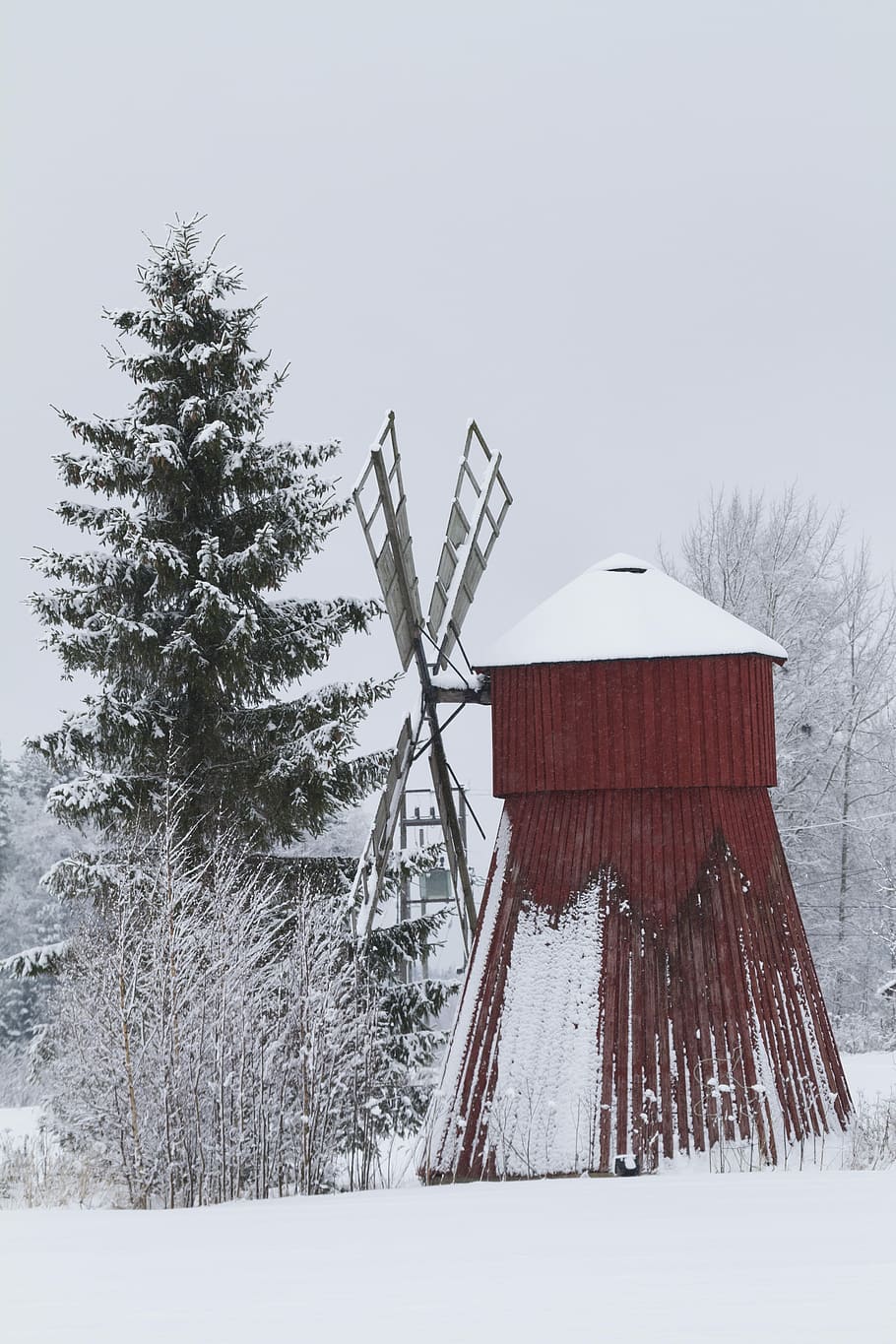 Windmill, Museum, Tower, Wings, museum, tower, the wings, winter, snow, bush, fog