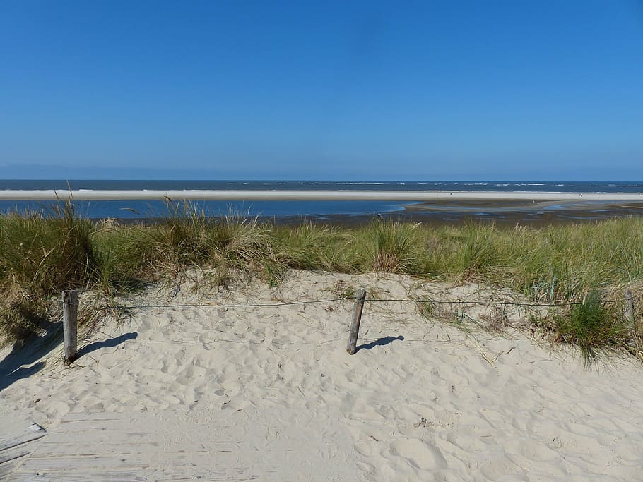 walk on the beach, sand, white, bright blue sky, clear, langeoog, east frisia, island, coast, north sea