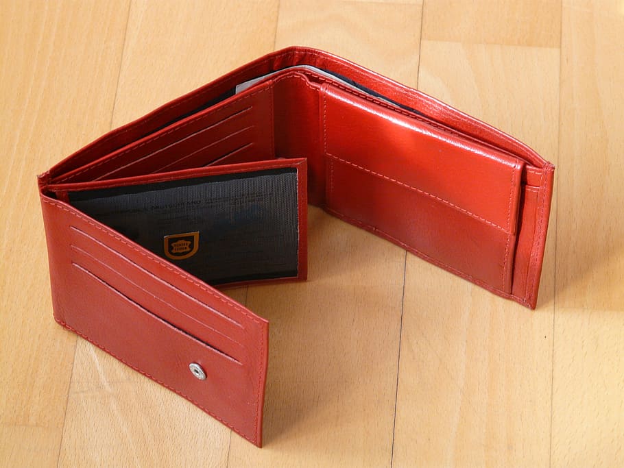 red, leather trifold wallet, purse, money, wallet, pay, shopping, wood - material, indoors, high angle view