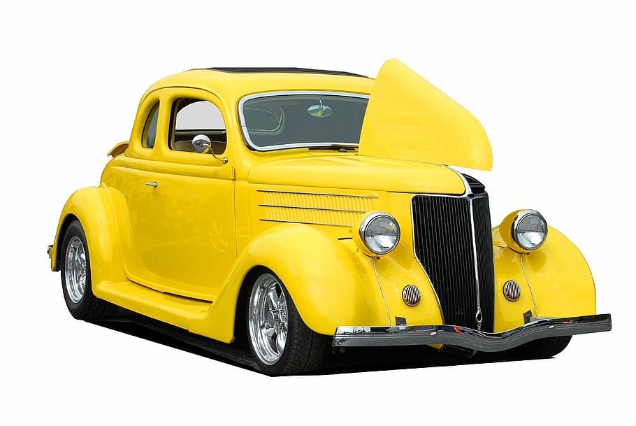 yellow coupe, classic, hot rod, vehicle, isolated, background, auto, car, transportation, automobile