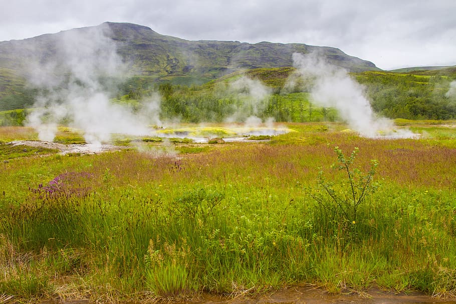Islandia, Lansekap, Hotspot, Uap, alam, warna hijau, gunung, hari, tanah, lingkungan