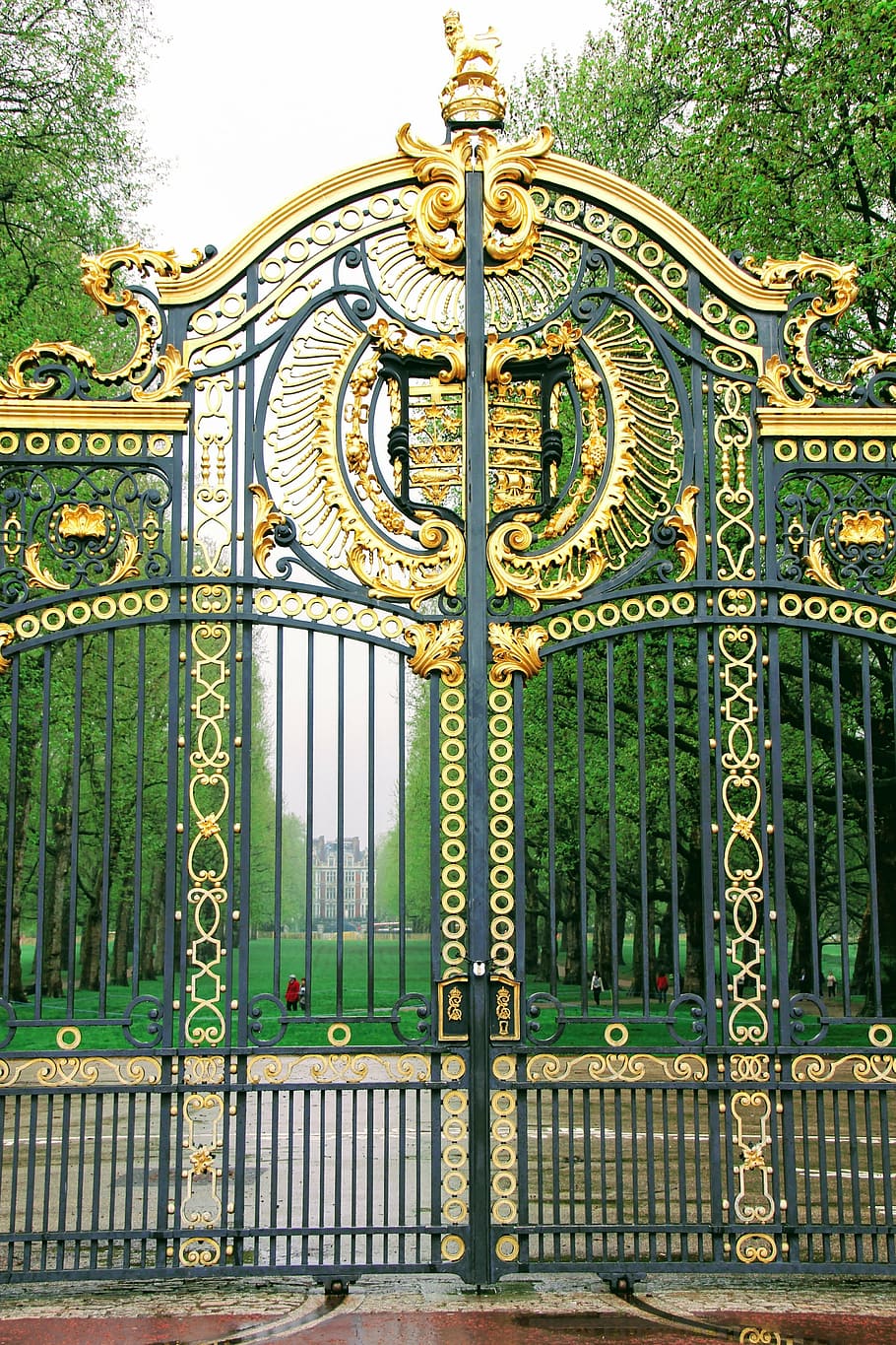 ouro, cinza, fechado, portão, londres, palácio de buckingham, detalhes, reino unido, palácio, dourado