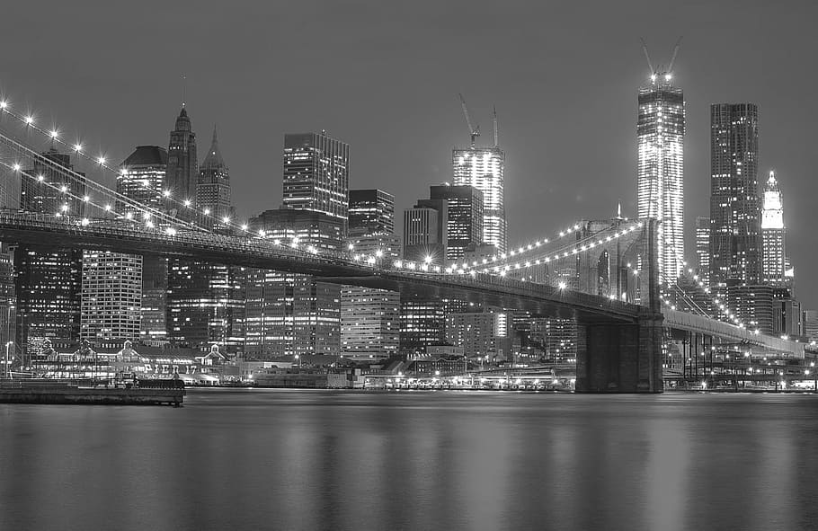 グレースケール写真, ブルックリンブリッジ, ニューヨーク, グレースケール, 写真, 橋, 都市, 夜, 黒, ライト