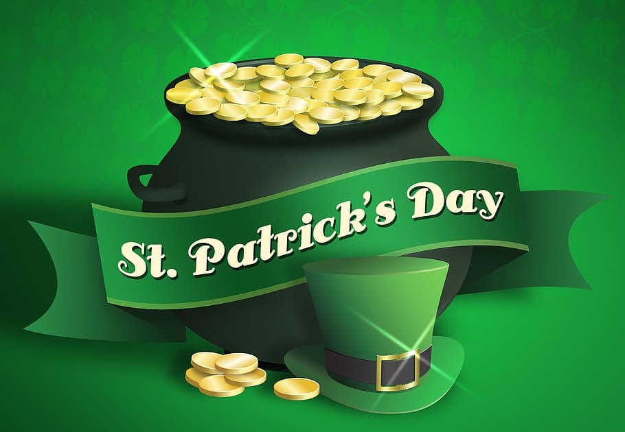 patrick, cartaz do dia, dia de são patrício, pote de ouro, cartola, irlandês, sorte, celebração, verde, moedas