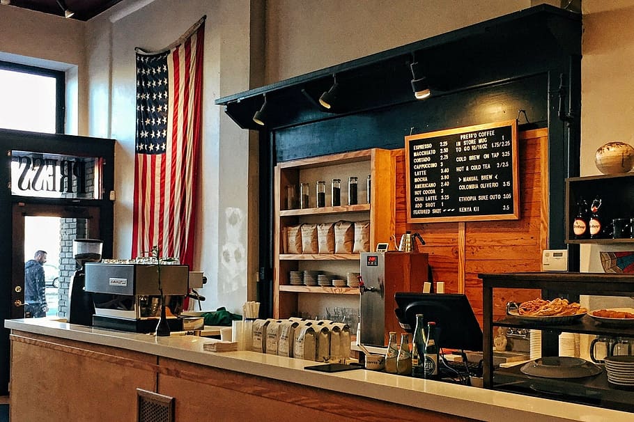 fotografia, mesa de café, bandeira americana, américa, café, bandeira, loja, local de trabalho, dentro de casa, restaurante