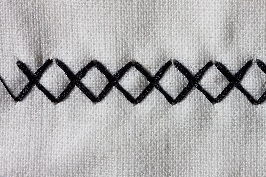 closeup, crisscross, stitch, cross stitch, sewing machine, embroidery, black, white, sew, hand labor