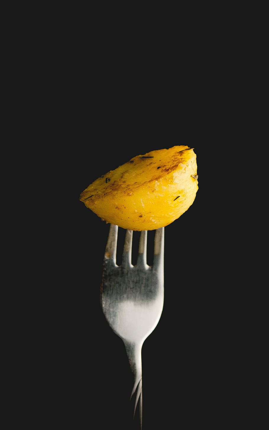 Potato, fork, fried, fried potato, grilled, minimalistic, simplistic, food, yellow, freshness