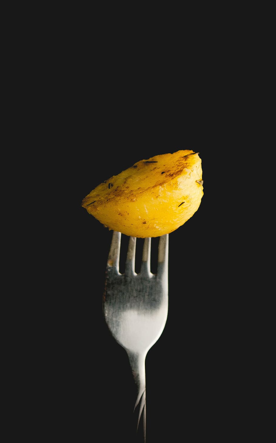 close-up photo, stainless, steel fork, sliced, potato, fried, steel, fork, food, black background