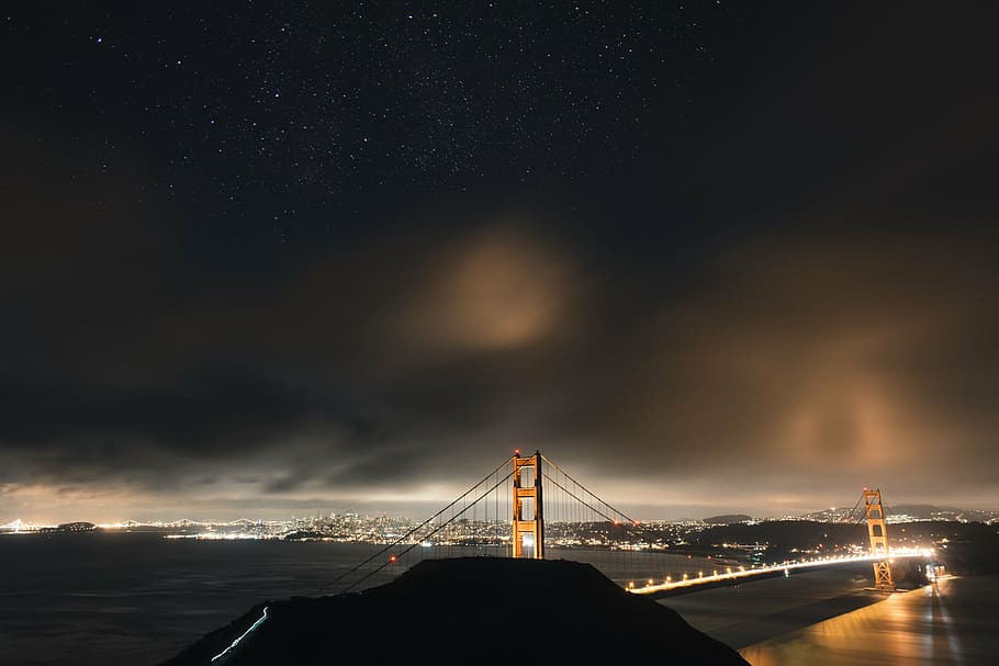 emas, jembatan gerbang, malam hari, negara bagian, jembatan, redup, langit, Jembatan Golden Gate, San Francisco, arsitektur