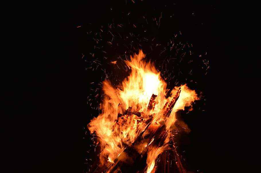bonfire, fire, sparks, flame, fire background, heat, hot, burn, yellow, night