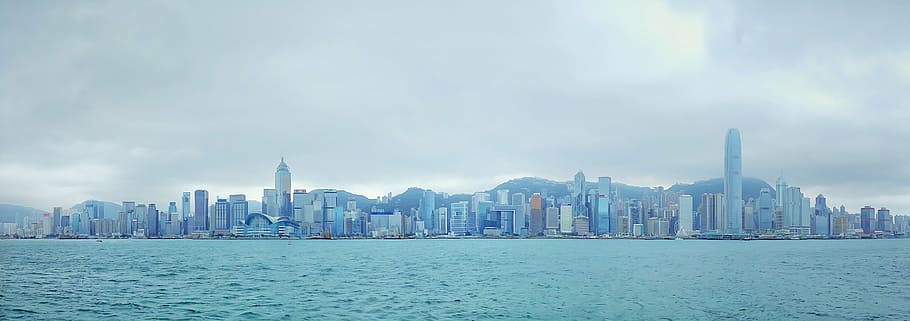 skyline photography, city buildings, white, cloudy, skies, daytime, hong kong, panorama, victoria harbour, city