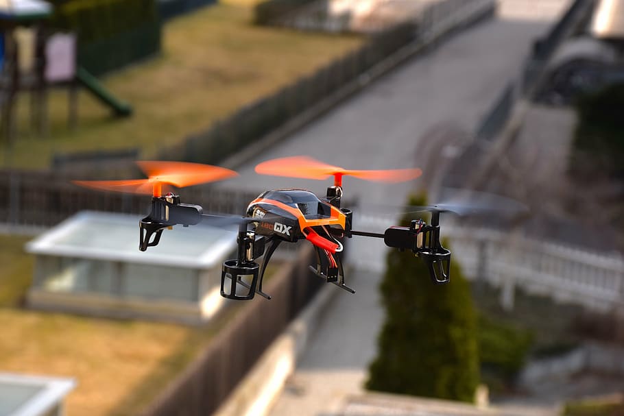 black, orange, quadcopter, hovering, air, drone, rc, blade 180 qx hd, quadrocopter, toys