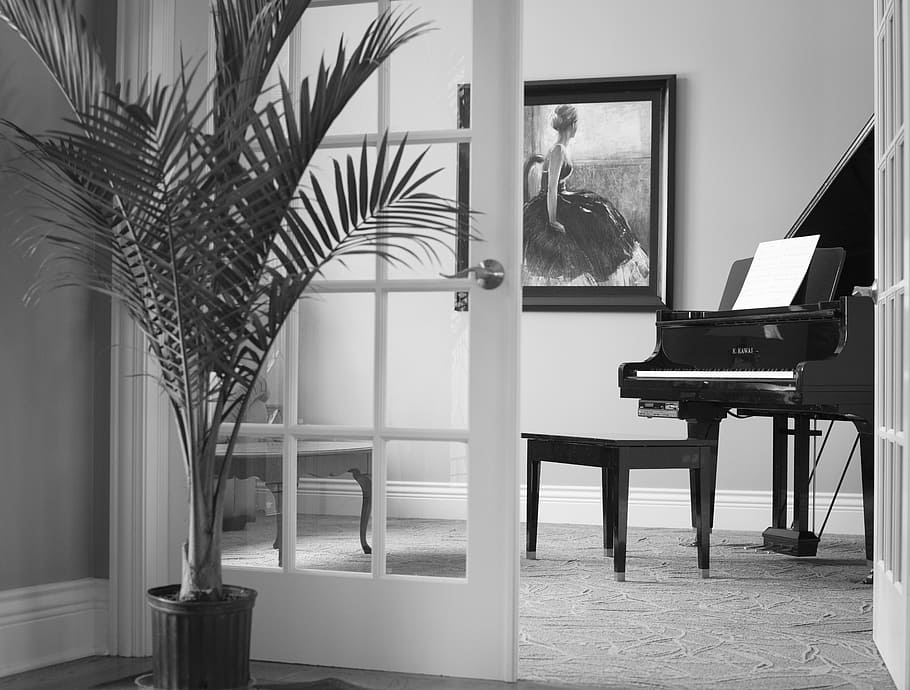 グランドピアノ, 黒, 楽器, 光沢のある, インテリア, クラシック, 屋内で, 木, ピアノ, 座席