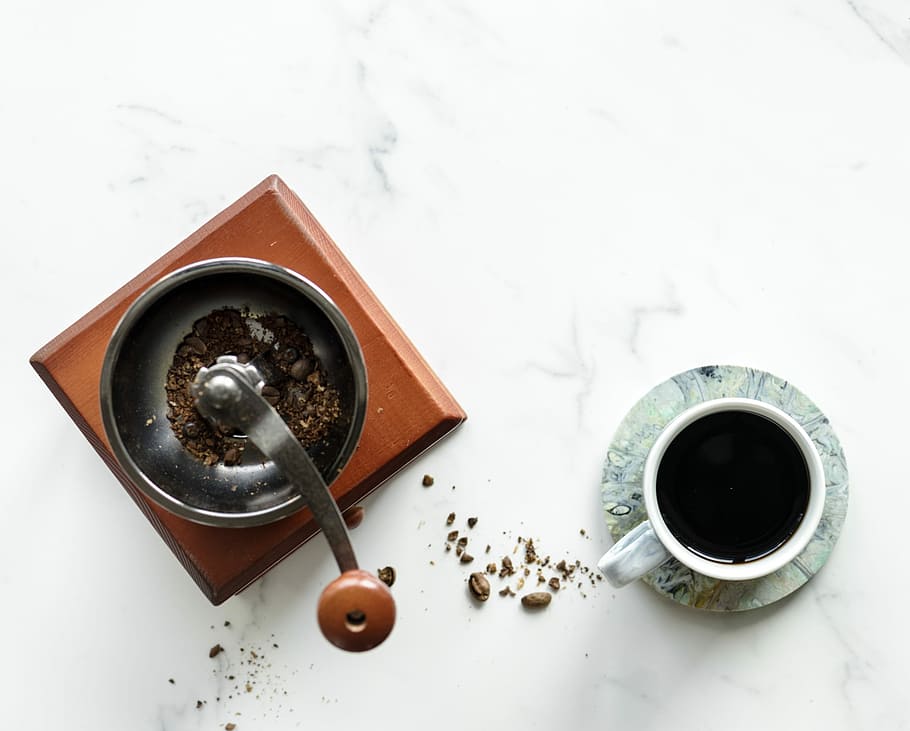flat, lay, photography, manual, coffee mill, teacup, drink, cup, wood, old