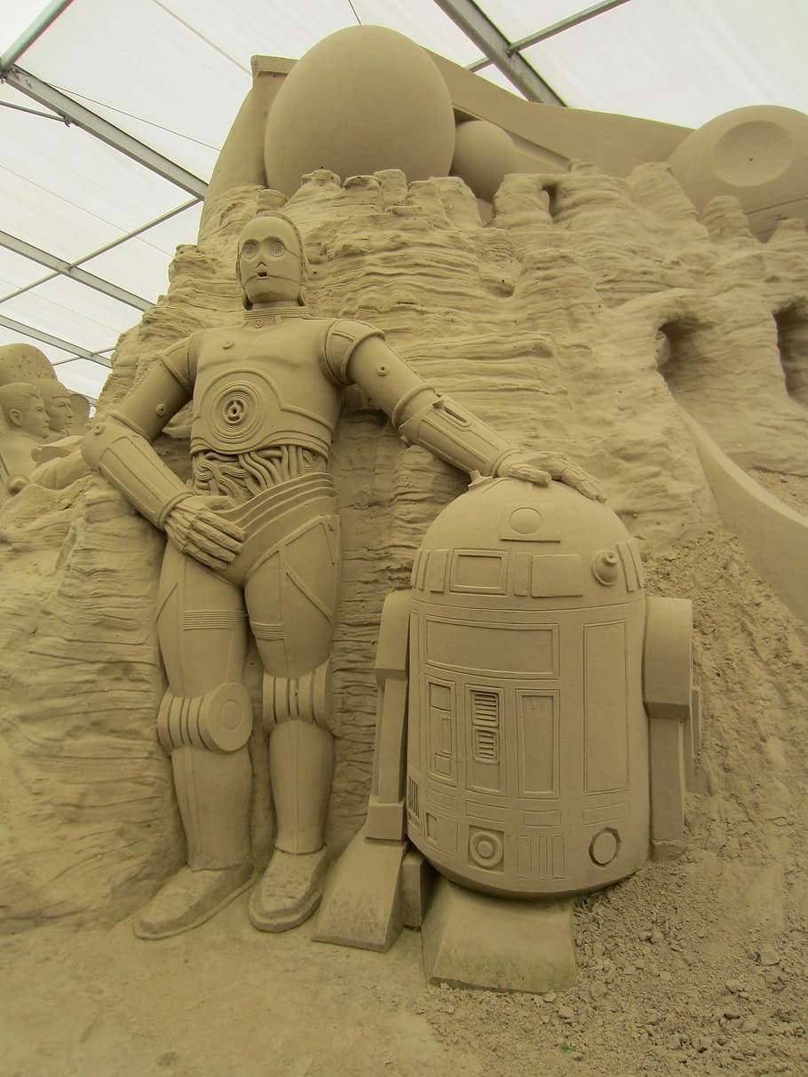 sand world, sand sculpture, star wars, c-3po, r2d2, sand art, creativity, art and craft, representation, sand