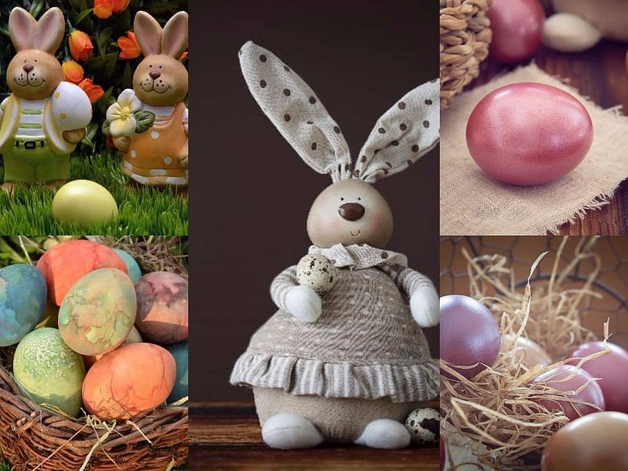 estatuilla de conejito, collage de huevos, fondo, pascua, huevo, huevos coloridos, liebre, pascua feliz, huevos de pascua, decoraciones de pascua