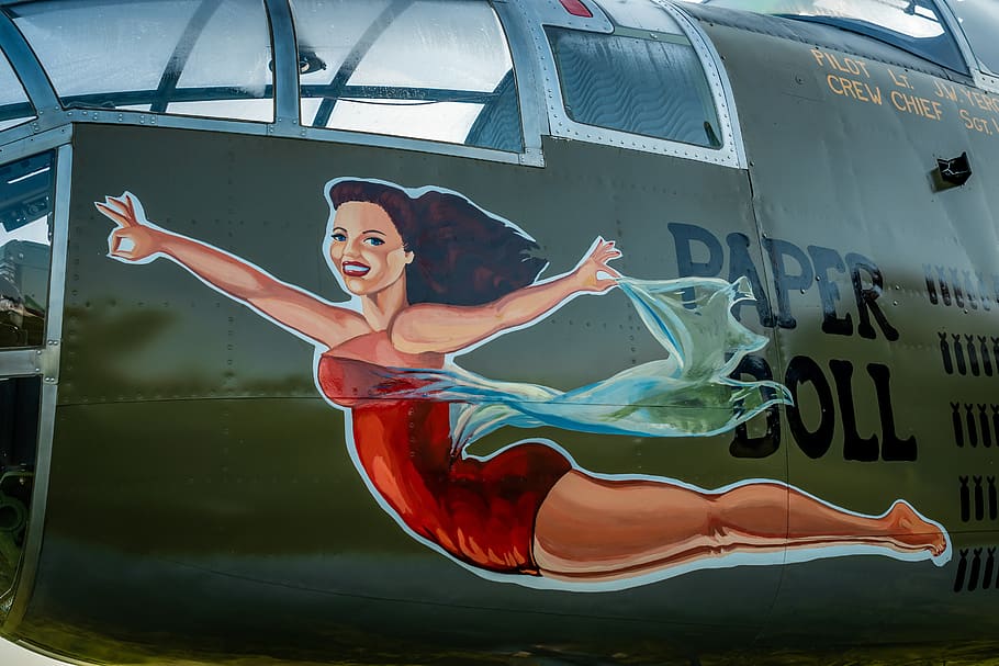 wwii, nose art, aircraft, germany, america, flight, woman, young adult, one person, full length
