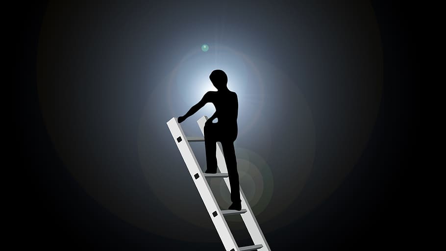 silueta, hombre, escalada, ilustración de escalera, cabeza, éxito, escalera de éxito, carrera, ascenso, avance