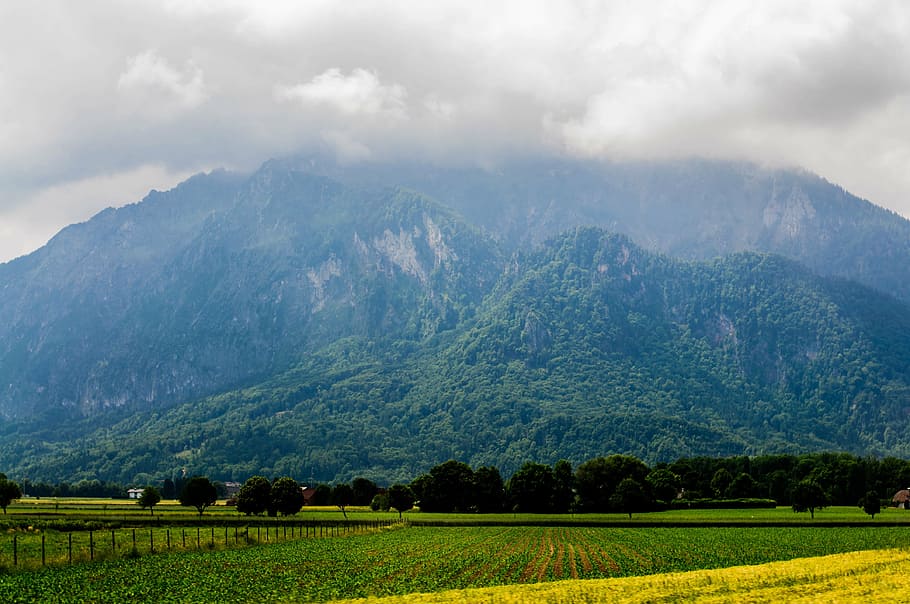 foto de paisagem, verde, montanha, aberto, campo, dia, cenário, marrom, branco, nublado