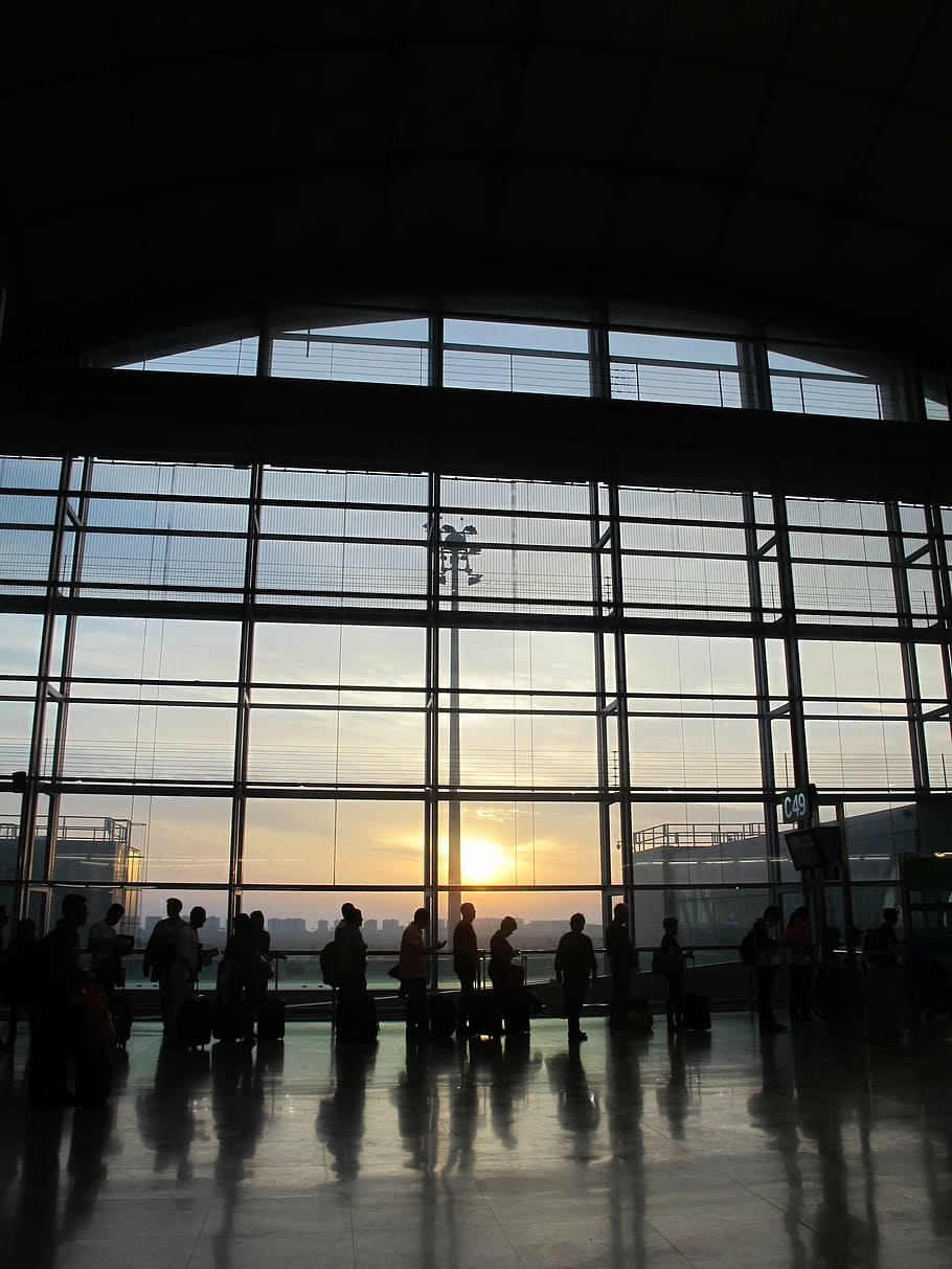 airport, people, travel, sunrise, waiting, silhouettes, group of people, real people, glass - material, large group of people