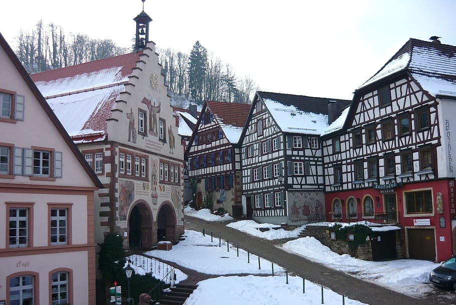 schiltach, germany, village, town, buildings, architecture, sky, clouds, winter, snow