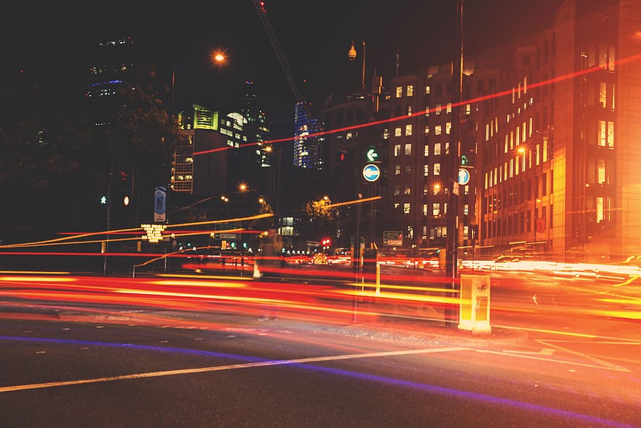 long, exposure photograph, showing, light trails, moving, traffic, central, london., captured, canon 6