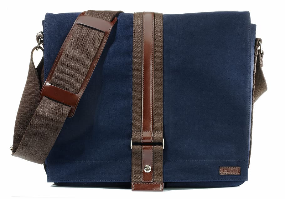 blue, brown, sling bag, bag, fabric, man, blue canvas, suitcase, luggage, white background