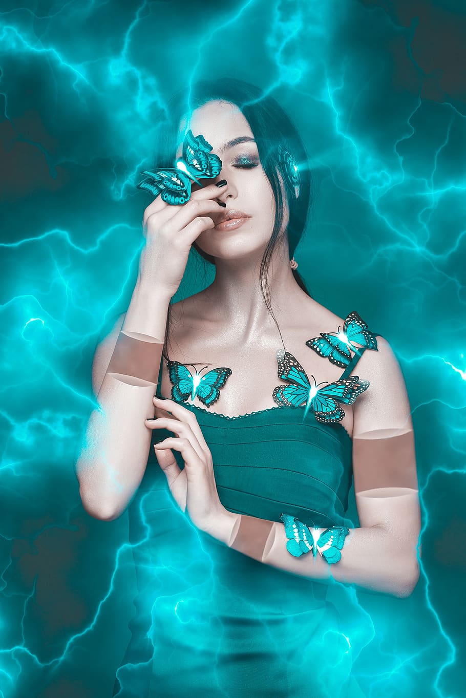 girl, magic, woman, butterfly, turquoise, dress, hands, surrealism, neon, fantasy shop