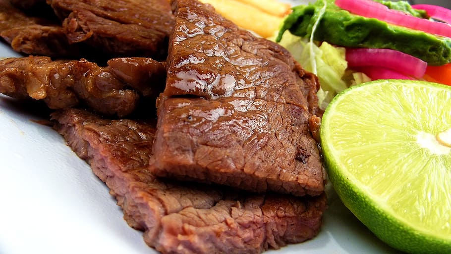 steak, sliced, citrus, fruit, meat, asada, plate, food, beef, grill