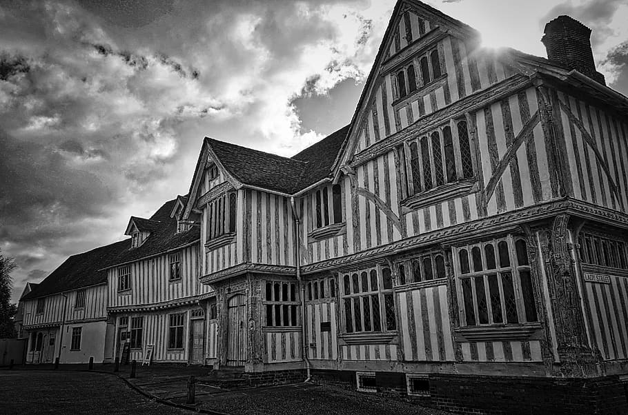 half timbered, house, medieval, guild hall corpus christi, lavenham, architecture, building, timbered, historic, exterior