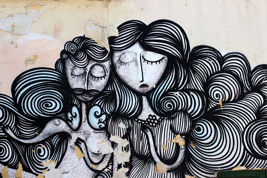 two, women, closed, eyes illustration, concrete, surface, graffiti, athena, hair, woman