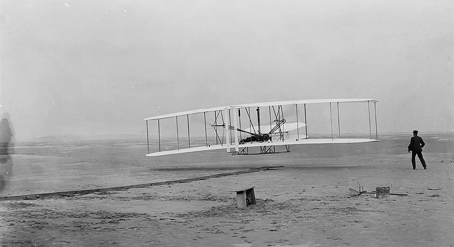 grayscale photo, vintage, airplane, wright brothers, aeroplane, test, classic, person, flying, retro
