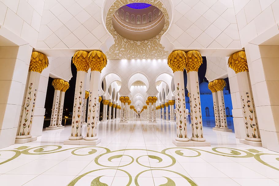 white tiled corridor, prayer, masjid, religious, built structure, architecture, ceiling, arch, indoors, lighting equipment