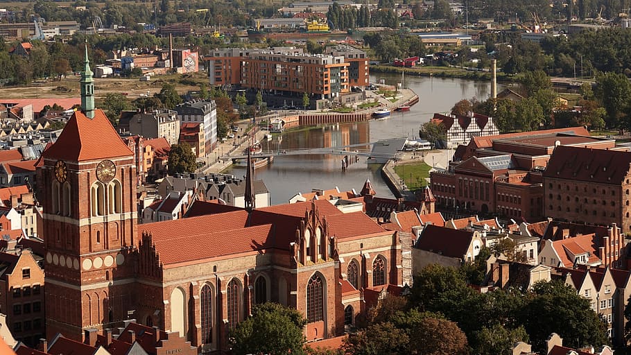 gdańsk, poland, aerial view, building exterior, architecture, built structure, city, building, water, high angle view