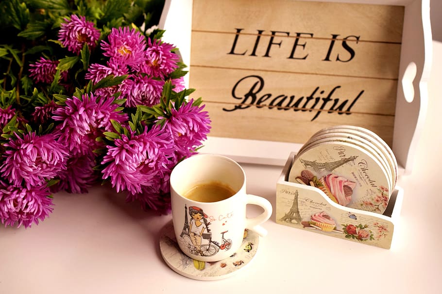 coffee, morning, flowers, the inscription, flower, flowering plant, cup, food and drink, drink, plant