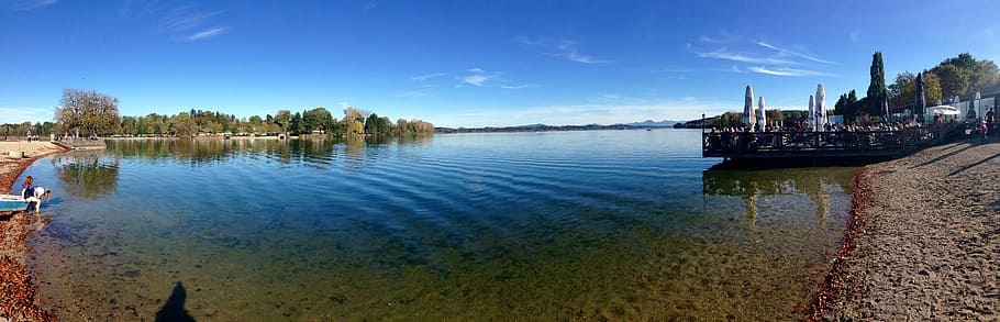 panorama, lake, water, bank, blue sky, germany, bavaria, waging am see, autumn, sun