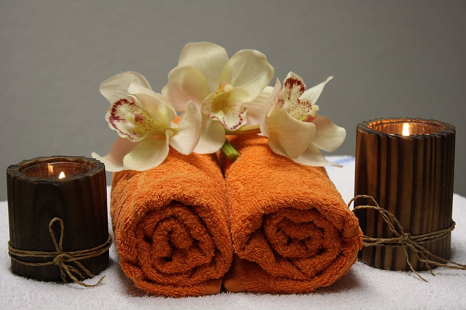 two, orange, towels, brown, votive, candles, wellness, massage, relax, relaxing