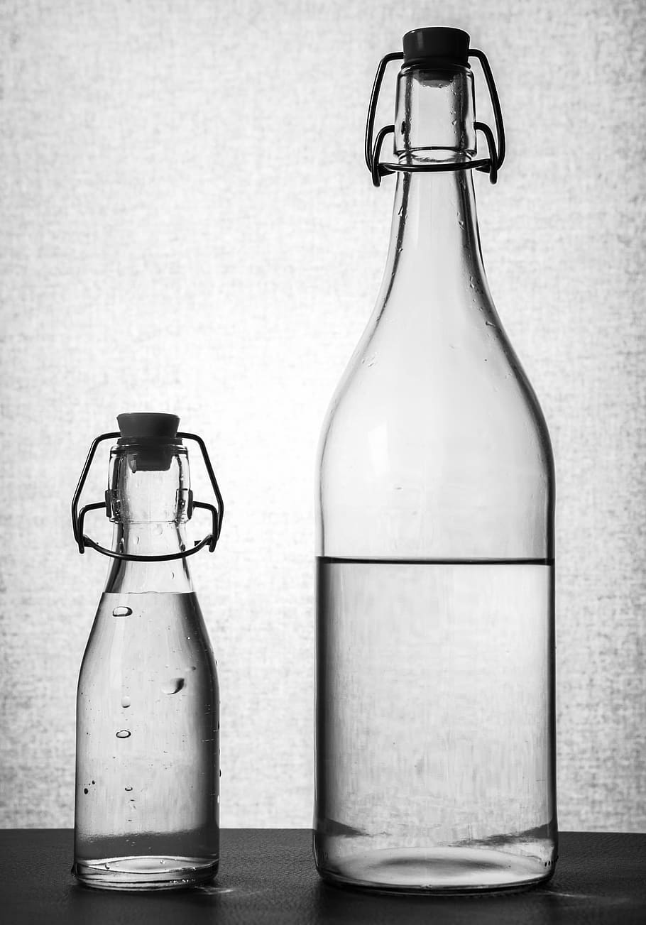two, glass bottles, clear, liquid, inside, water bottle, water, bottle, drink, thirst
