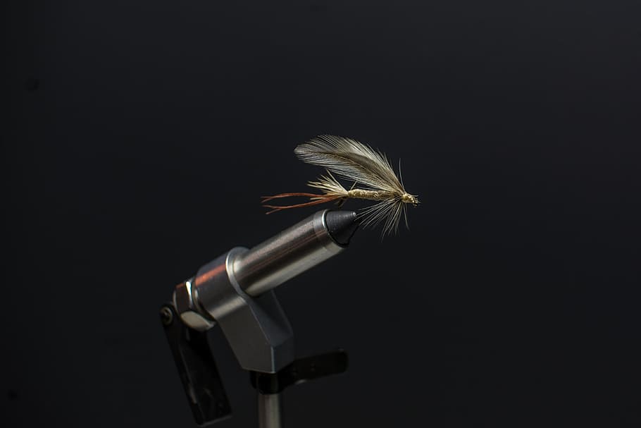 gray tattoo machine, flies, fly-tie, fly-tying, lure, fishing, fly, craft, angler, black background