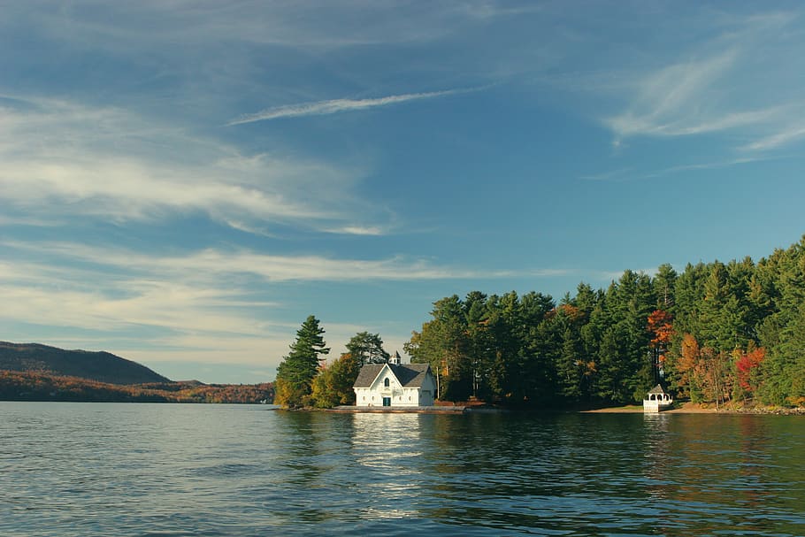 lake, water, house, cottage, country, nature, outdoors, mountains, forest, trees