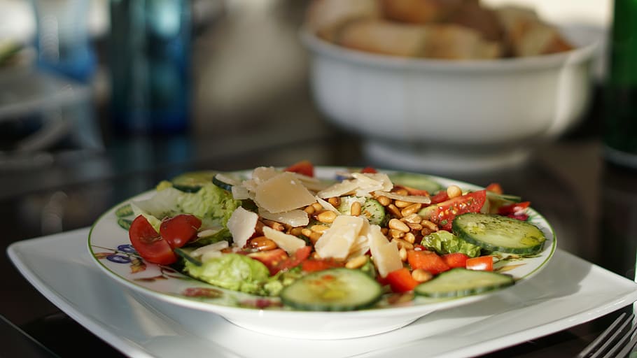 salada, plano de fundo, padrão, saudável, prato, tigela, pão, jantar, família, fora
