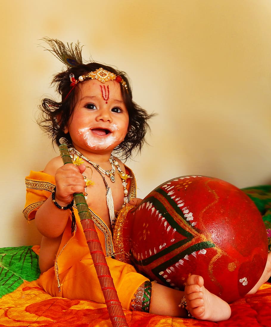 baby, holding, red, brown, staff, lord krishna, krishna, hindu, one person, child