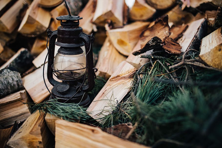 chopping, wood, forest, Chopping wood, lantern, trees, firewood, timber, oil lamp, paraffin lamp