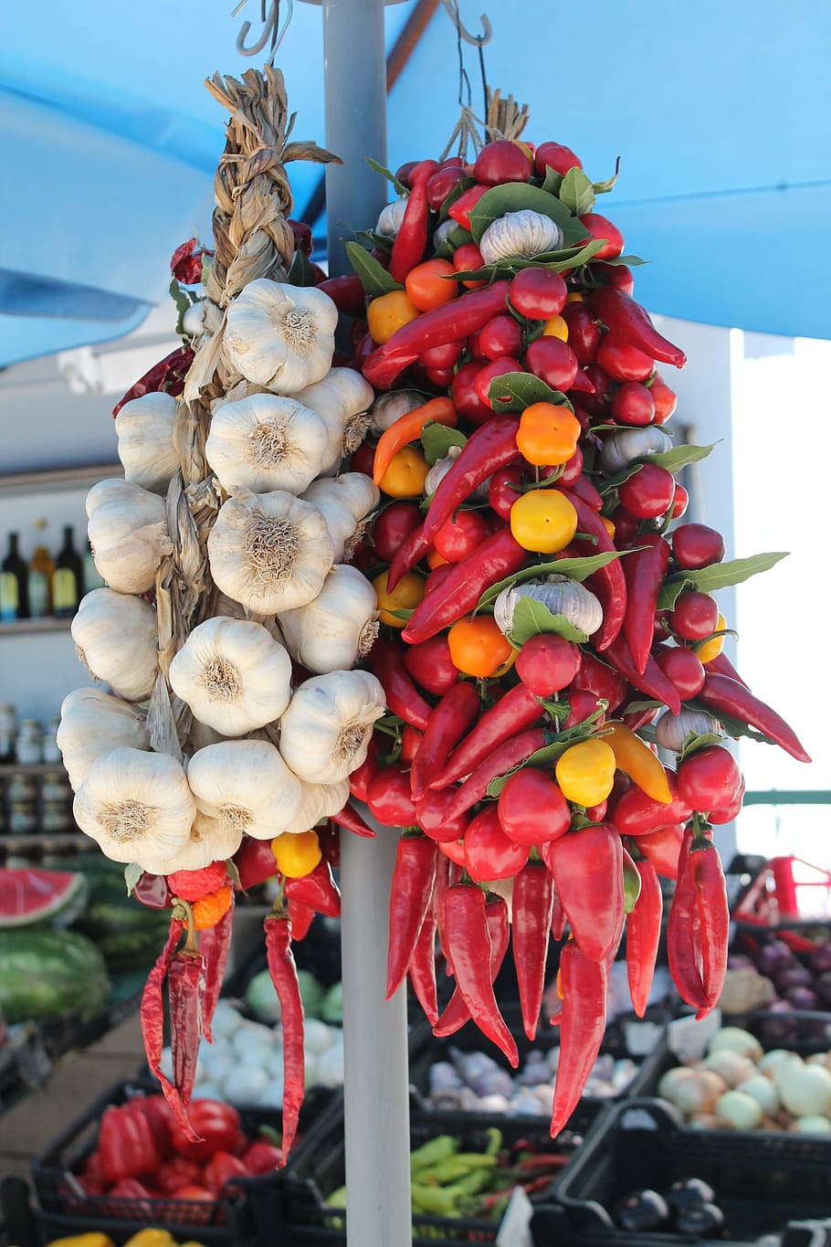 cebolla, pimentón, pimiento, verduras, mercado, mercado de verduras, puesto de verduras, puesto en el mercado, comida, comer