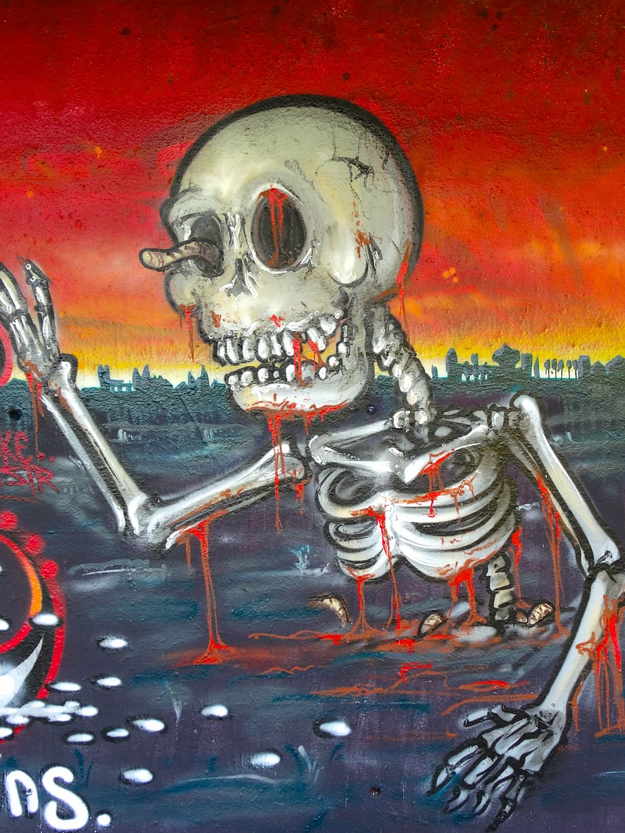 graffiti, skeleton, death, setting, end of the world, bleak, wastes, color, colorful, decorative