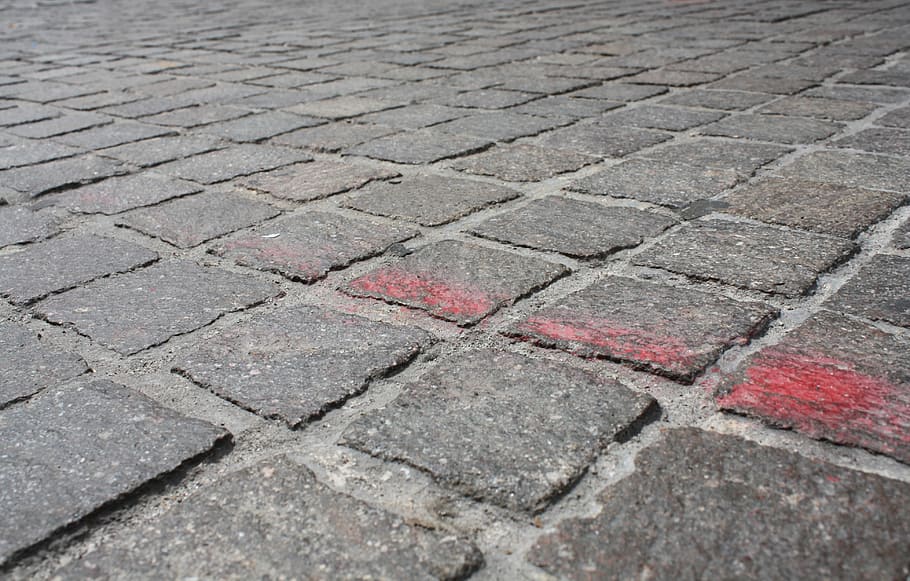adoquín, piedra, pavimentación, roca, desigual, textura, rojo, sendero, encuadre completo, patrón