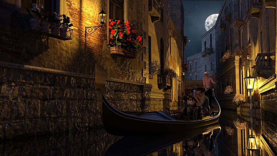 pasangan, duduk, perahu kano, rumah, Venesia, gondola, tengah malam, cinta, pendayung gondola, jembatan