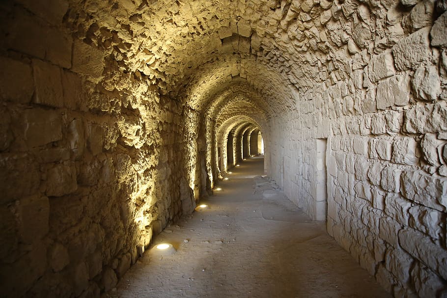 túnel, viejo, luz, viaje, pared, subterráneo, piedra, ladrillo, arquitectura, arco