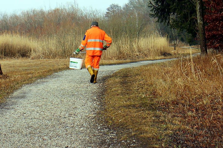 man, walking, road, environment, environmental protection, work, cleaning, garbage, disposal, workers